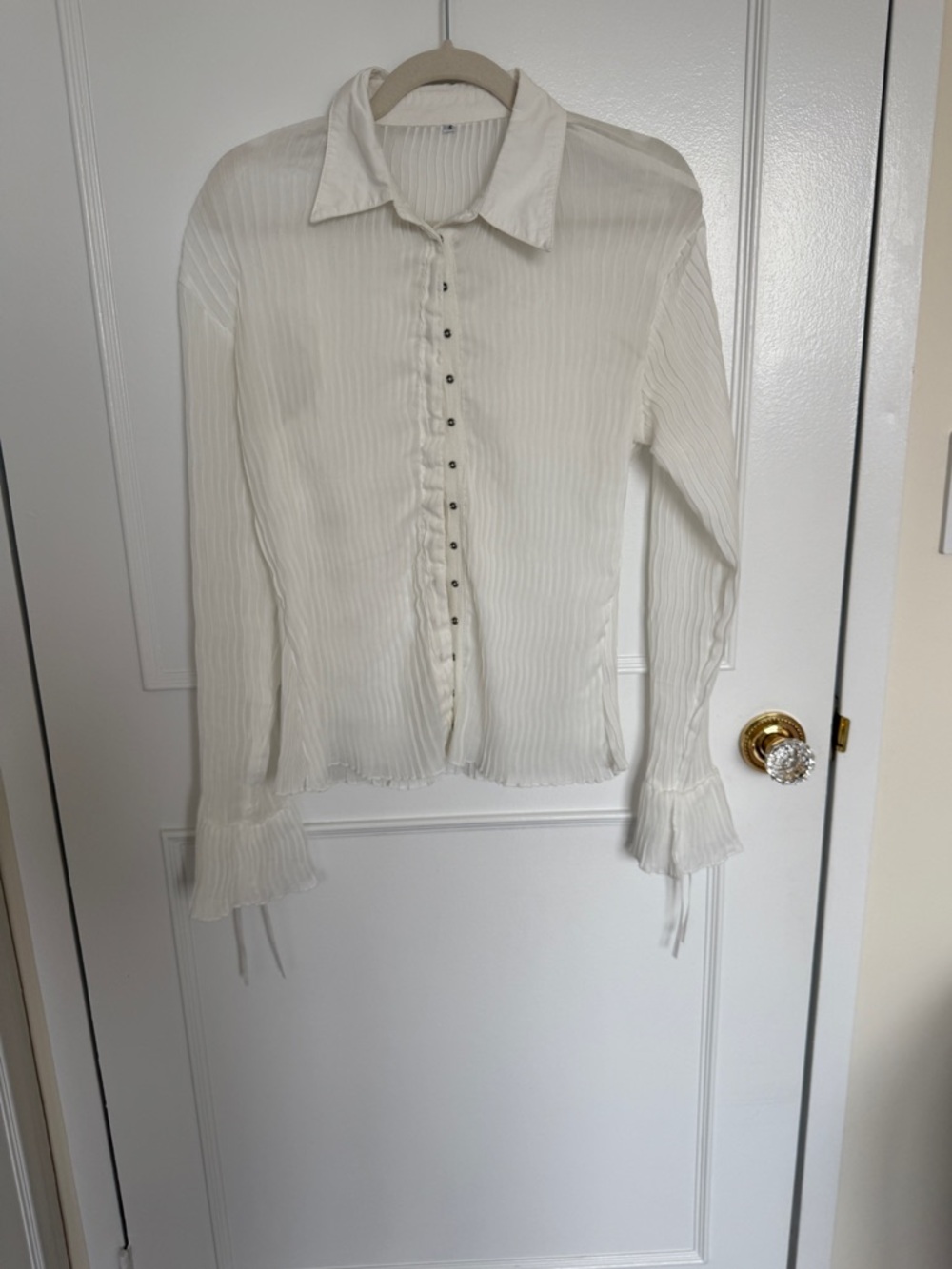 Sheer Pleated Button-down White Blouse